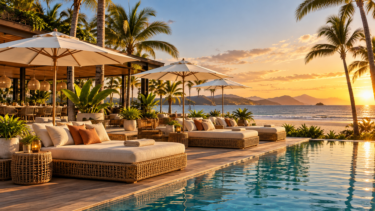 Imagem conceitual ilustrativa de ambiente outdoor alto padrão — Hotelaria e beach clubs | Verano Design