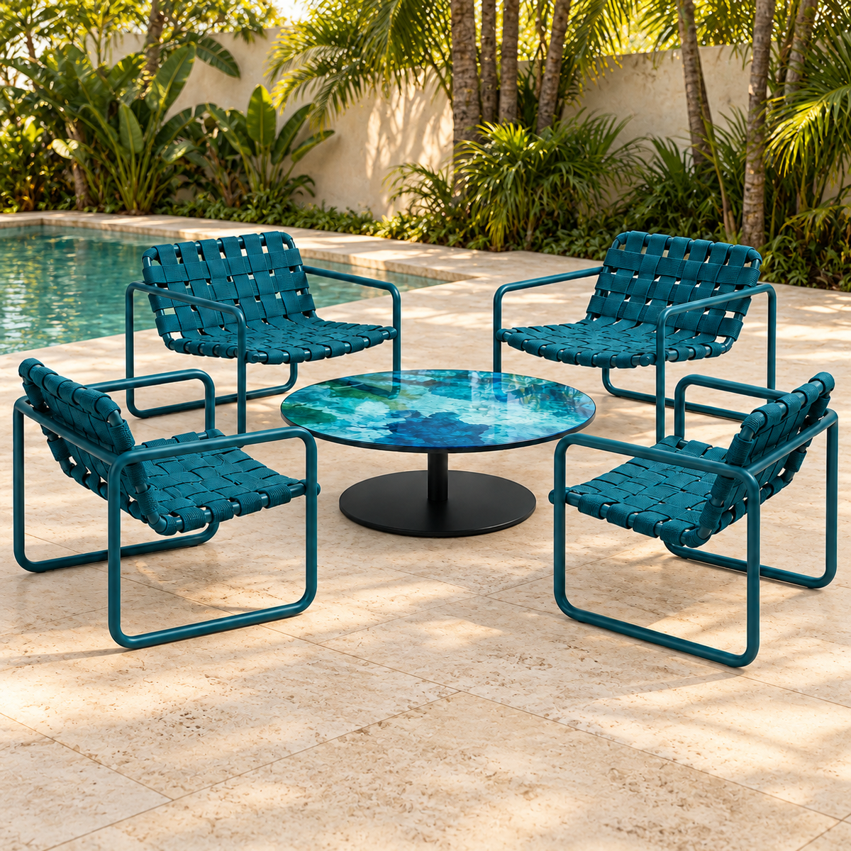 Representação digital do conjunto Costa Verano azul-petróleo em jardim tropical junto à piscina