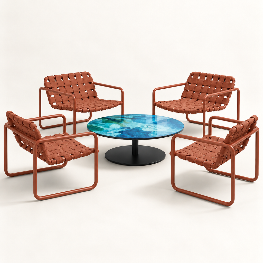 Representação digital do conjunto Costa Verano terracota, quatro poltronas e mesa redonda com tampo azul mesclado