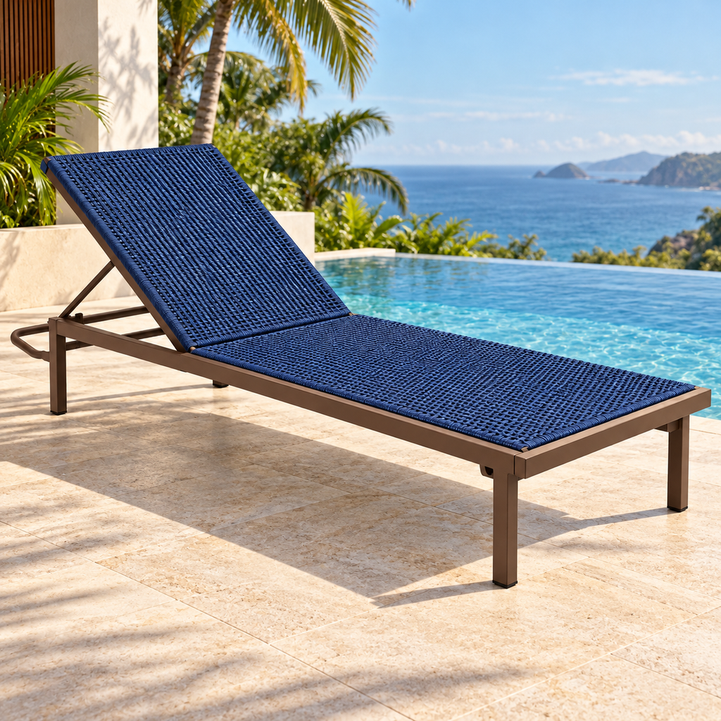 Representação digital da espreguiçadeira Horizonte Verano azul-marinho: ambiente em deck seco junto à piscina