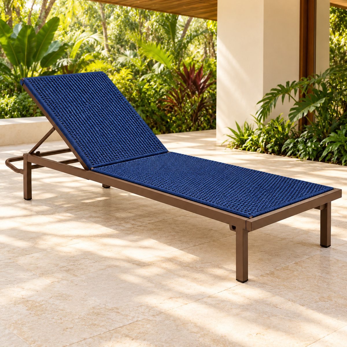 Representação digital da espreguiçadeira Horizonte Verano azul-marinho: ambiente em varanda com jardim