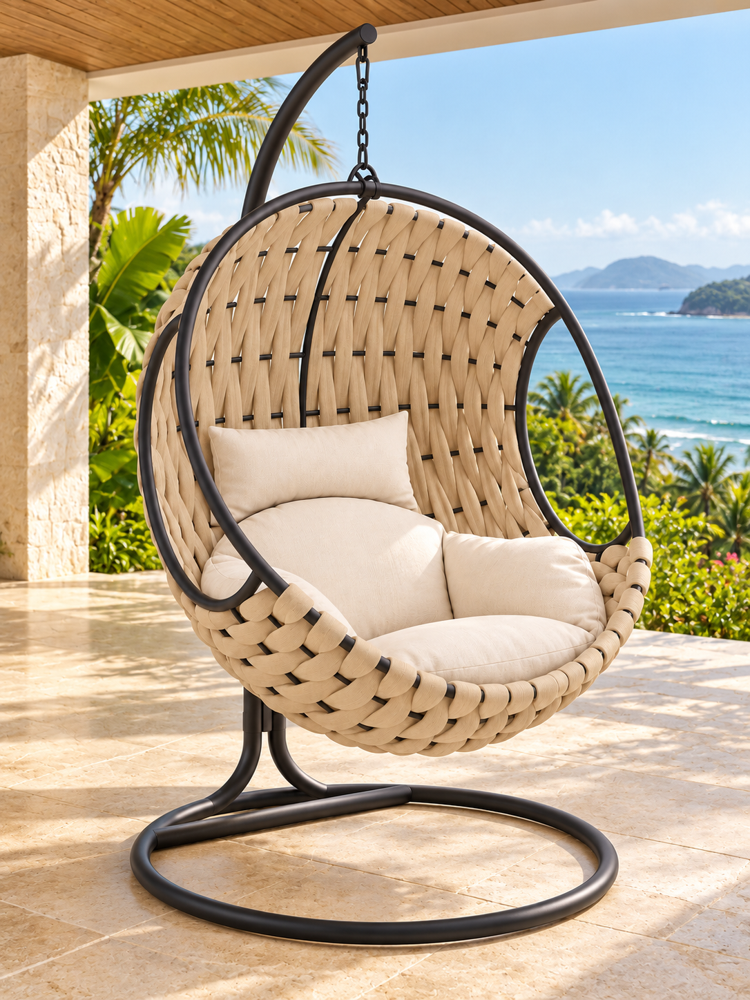 Representação digital do Ninho Verano Areia em varanda brasileira de alto padrão, com suporte e base circular; decoração não incluída.