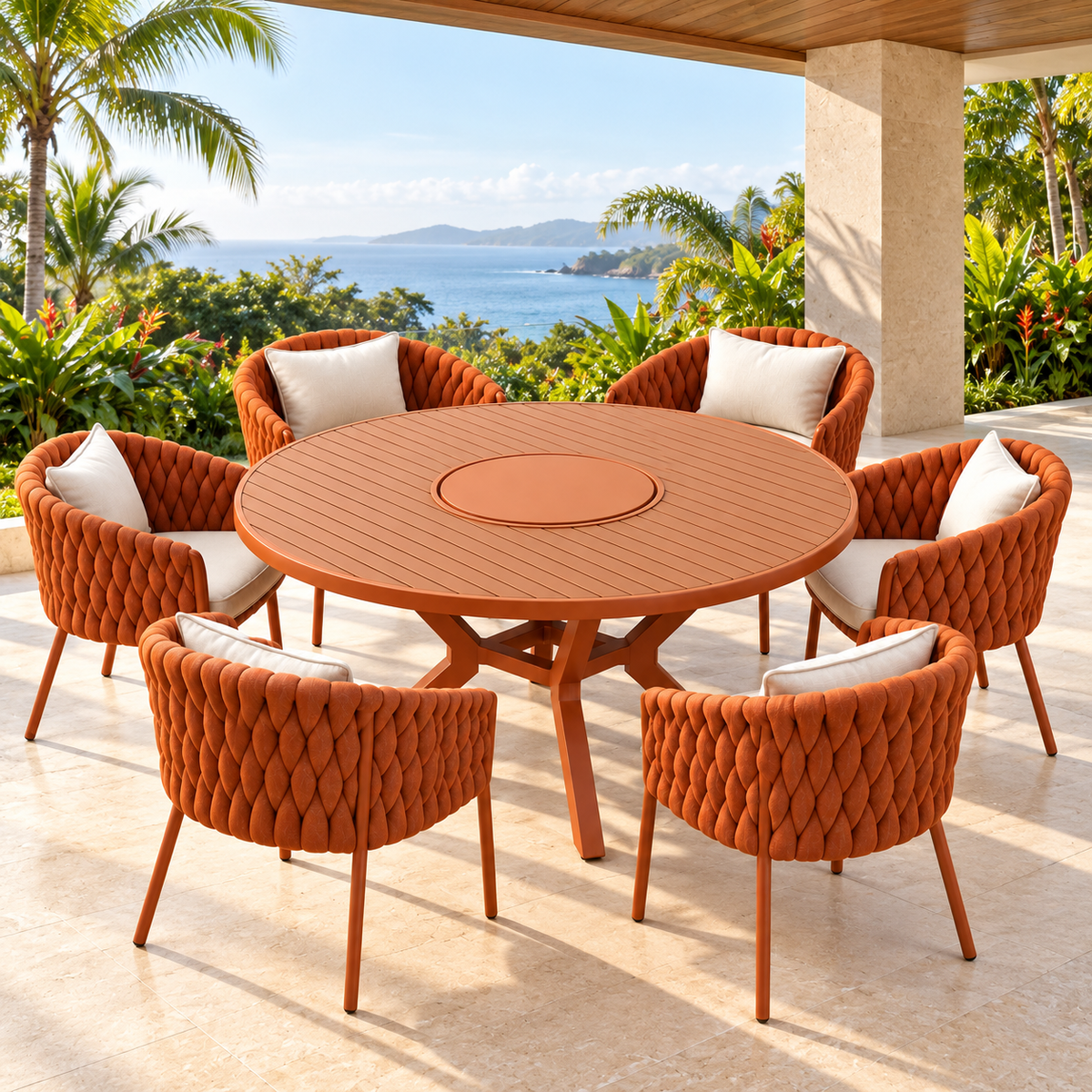 Representação digital do Solar Verano Terracota com mesa giratória e seis poltronas em varanda gourmet brasileira.