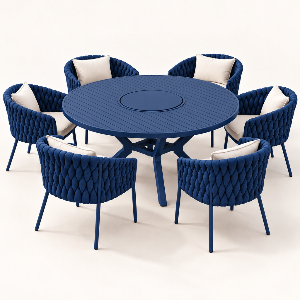 Representação digital do conjunto Solar Verano Azul-Marinho: mesa redonda com centro giratório e seis poltronas; tonalidade ilustrativa.