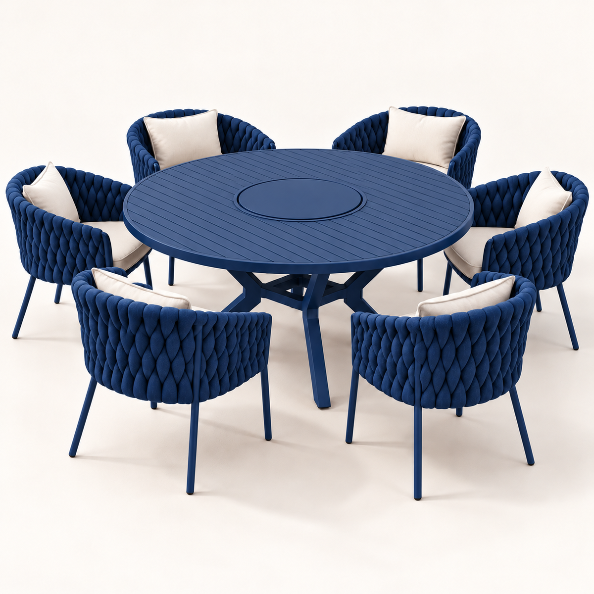 Representação digital do conjunto Solar Verano Azul-Marinho: mesa redonda com centro giratório e seis poltronas; tonalidade ilustrativa.