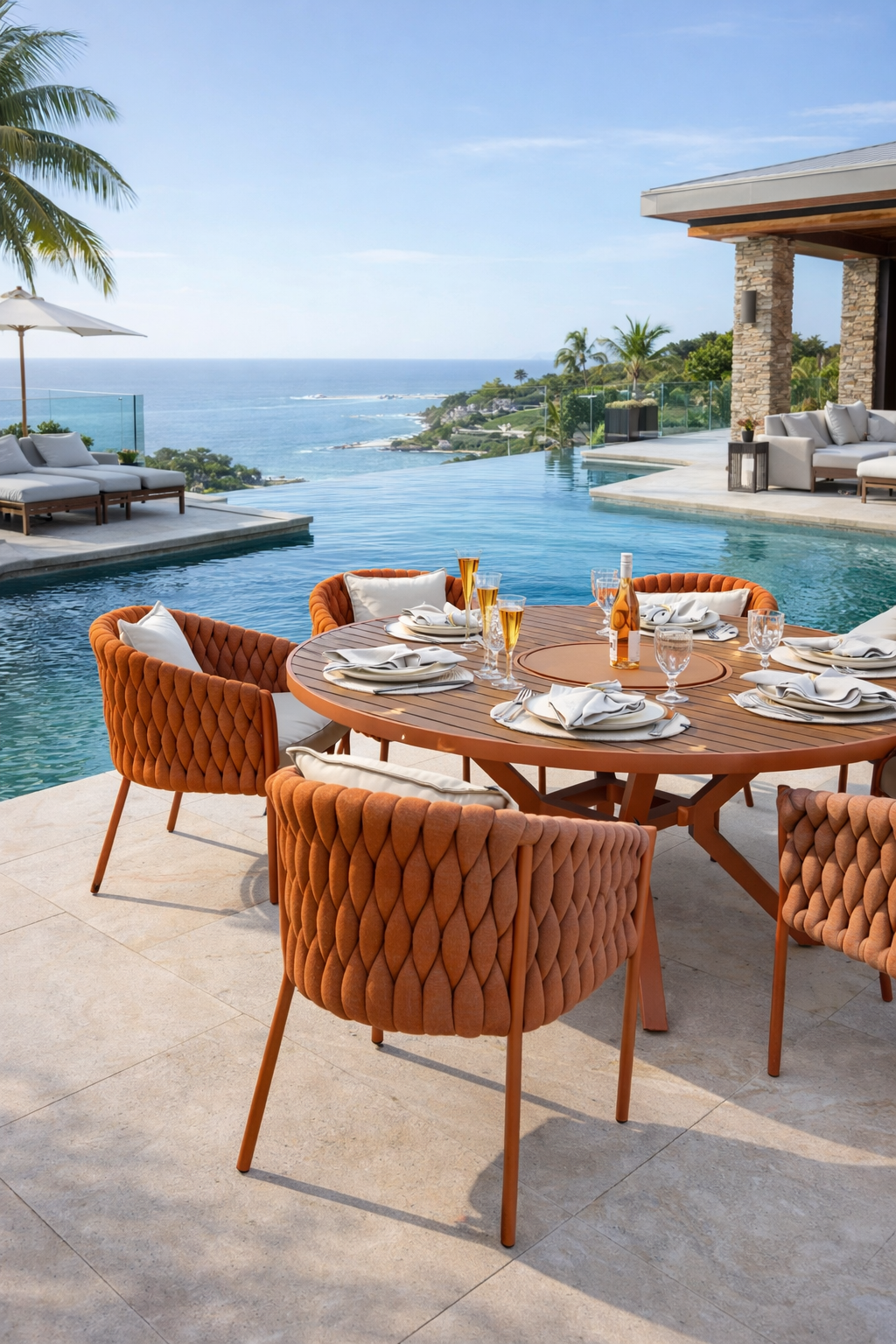 Imagem de referência enviada para o Solar Verano: mesa com centro giratório e poltronas Terracota em ambiente de piscina; decoração não incluída.