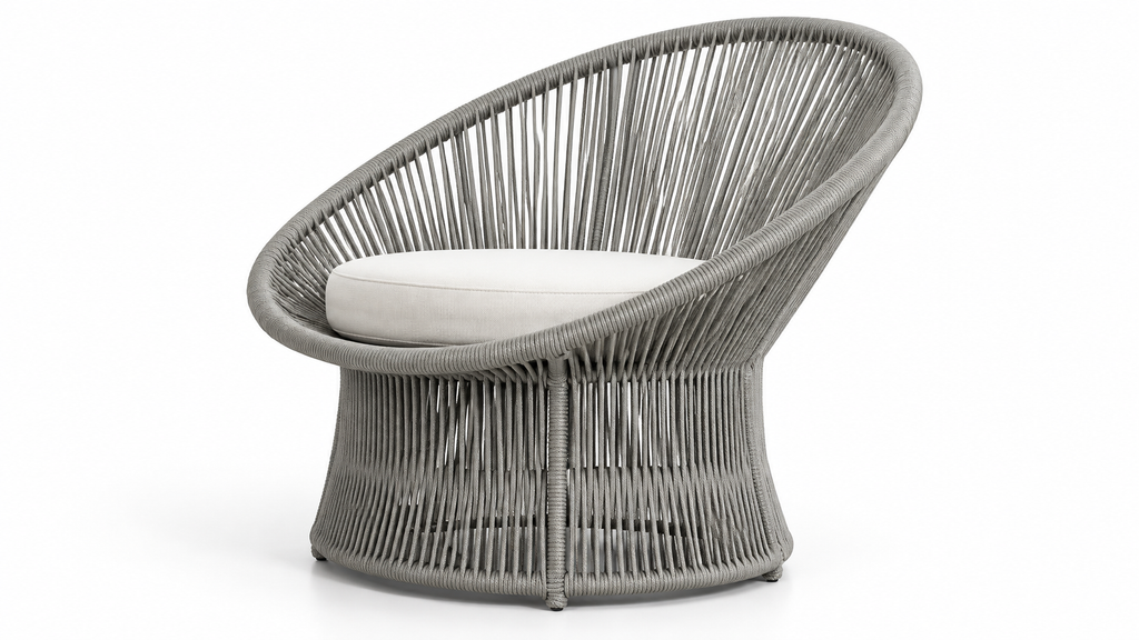 Arco Verano — Poltrona Oval de Trama Vertical em Cinza Mineral — representação digital