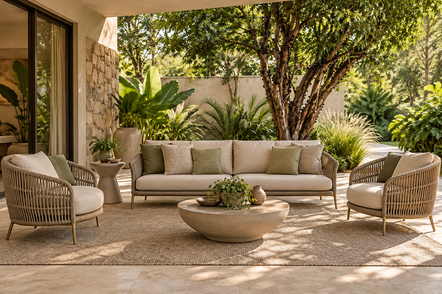 Inspiração de varanda Verano Design, com jardim brasileiro e móveis de trama em tons naturais.