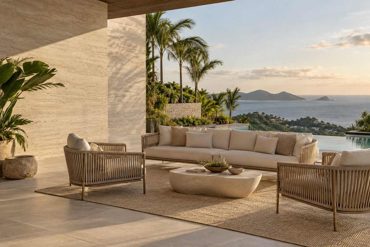 Ambiente de inspiração com lounge de corda náutica em varanda litorânea