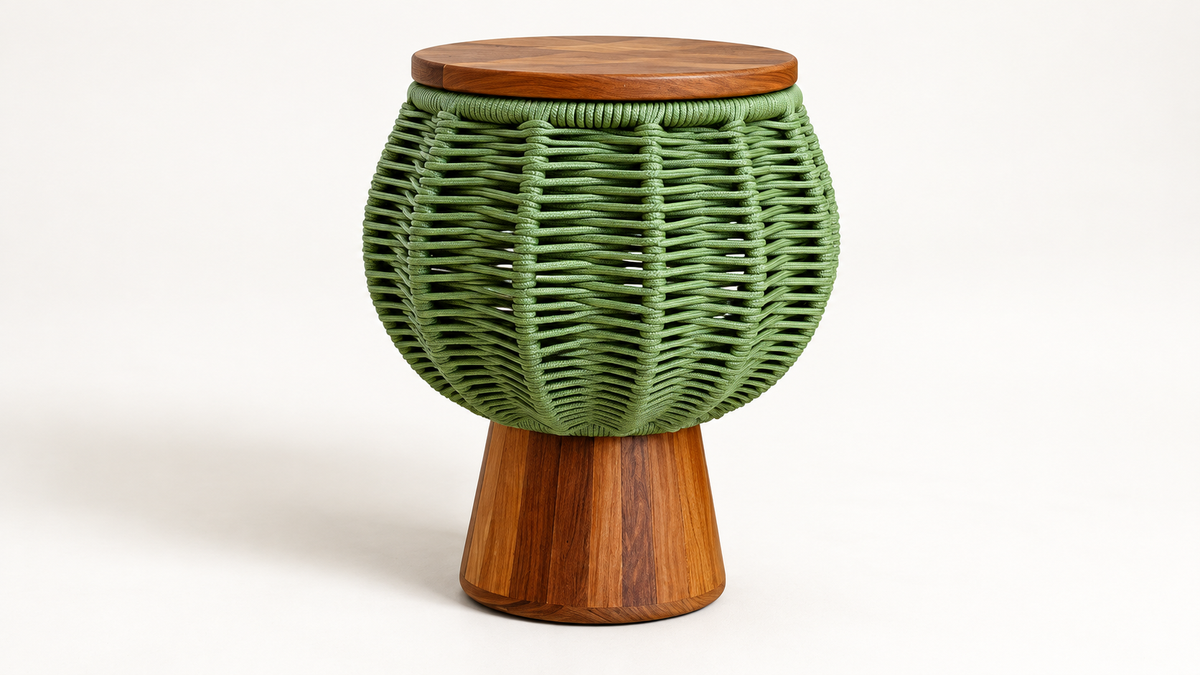 Raiz Verano — Mesa Lateral Redonda com Base Escultural em Verde Oliva — representação digital