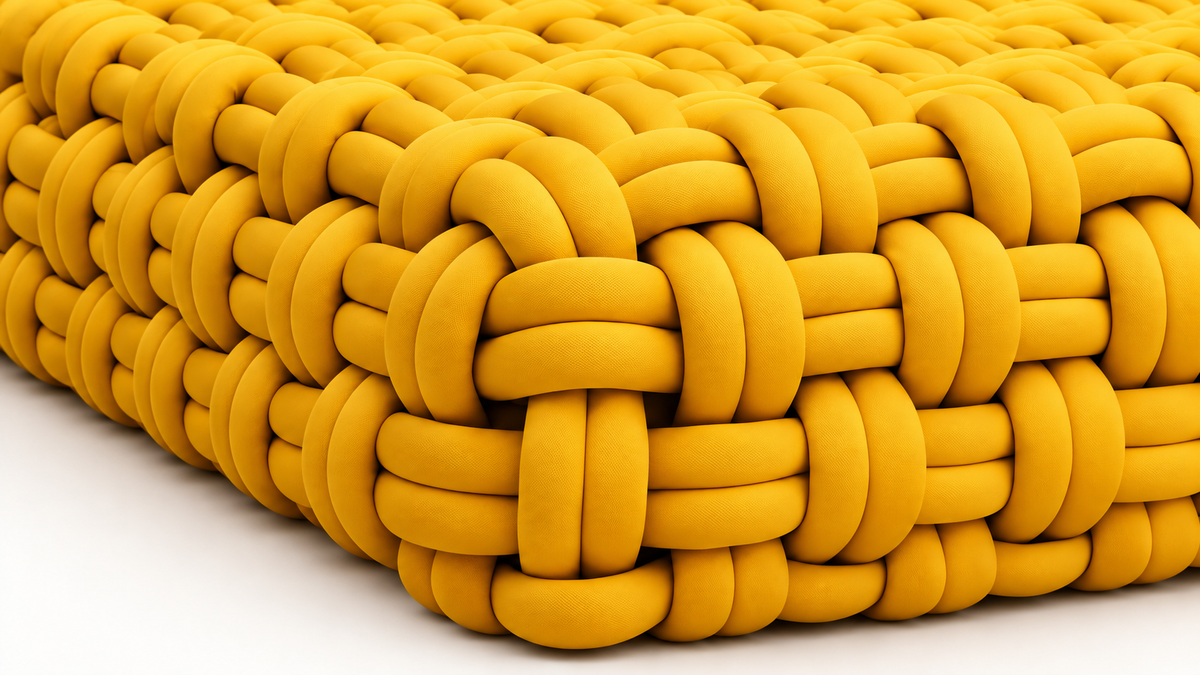 Trama Verano — Puff Retangular de Trama Volumosa — detalhe do desenho e acabamento; representação digital
